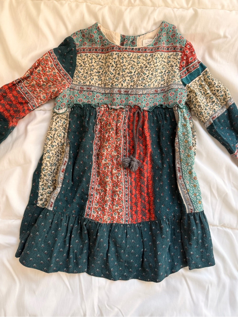 Zara Patchwork Floral Long-Sleeve Dress in Teal & Red